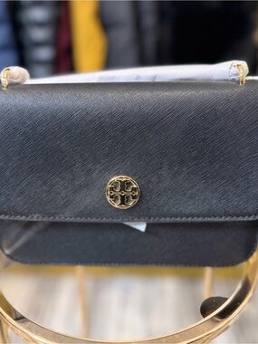New!!! Tory Burch Black Leather Crossbody with Gold Logo Accent
